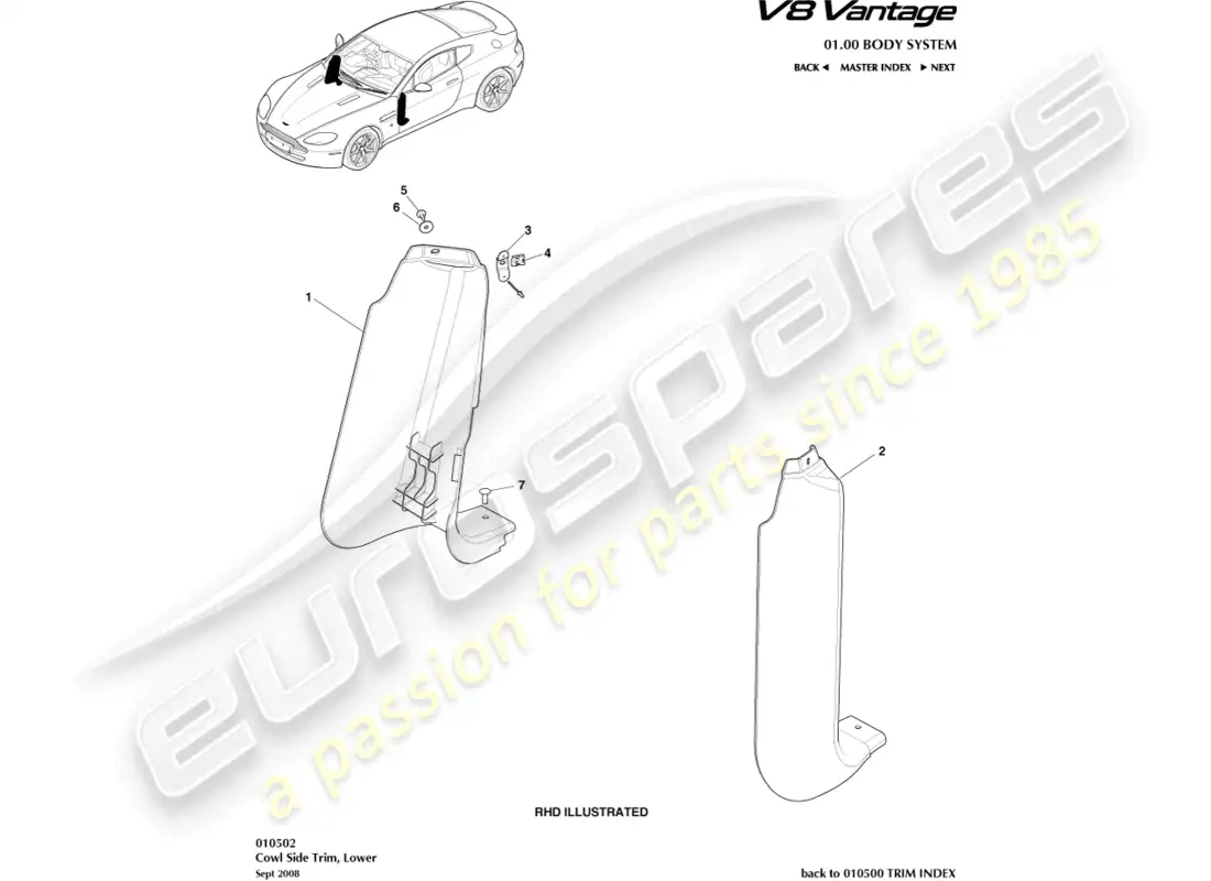 aston martin v8 vantage (2008) guarnición lateral del capó, diagrama de la pieza inferior
