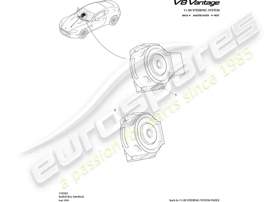 aston martin v8 vantage (2008) diagrama de piezas de bloqueo del interruptor de encendido