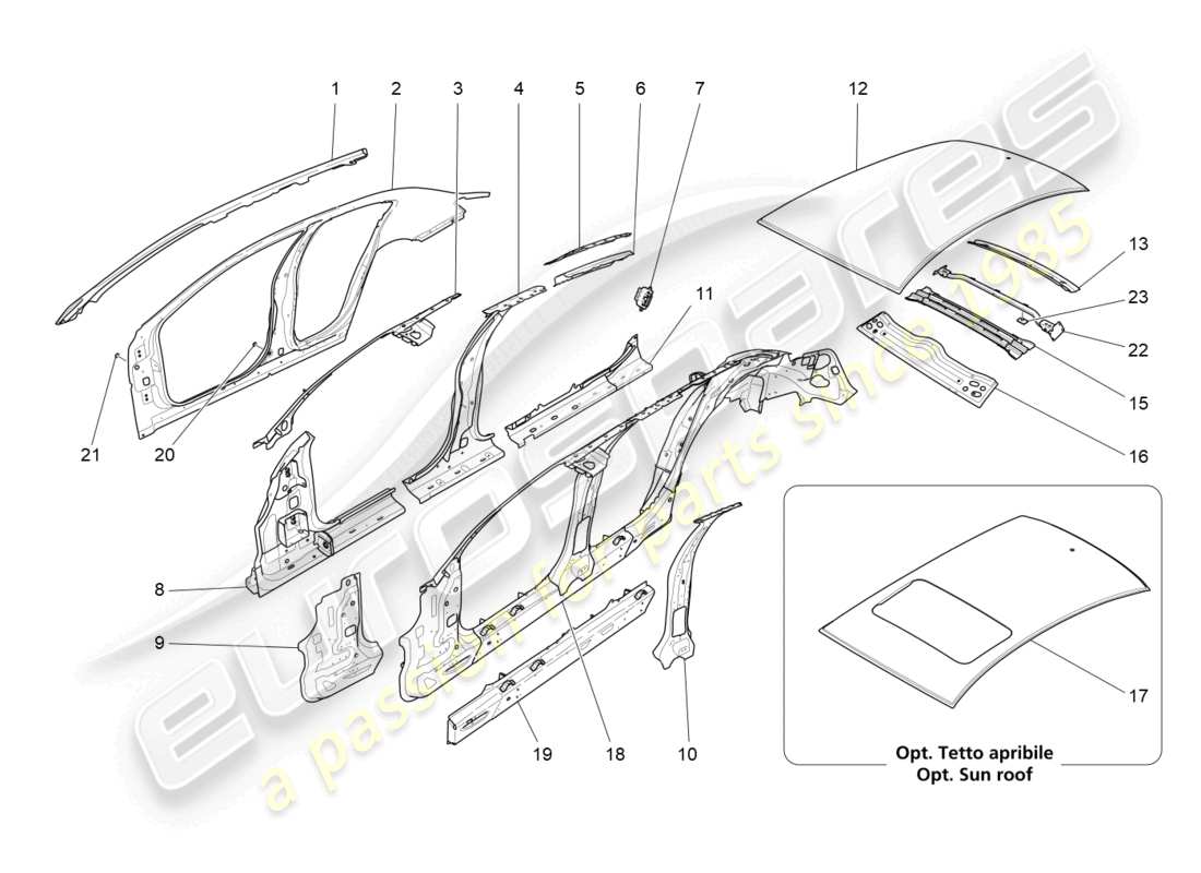maserati ghibli (2017) diagrama de piezas de carrocería y paneles exteriores centrales