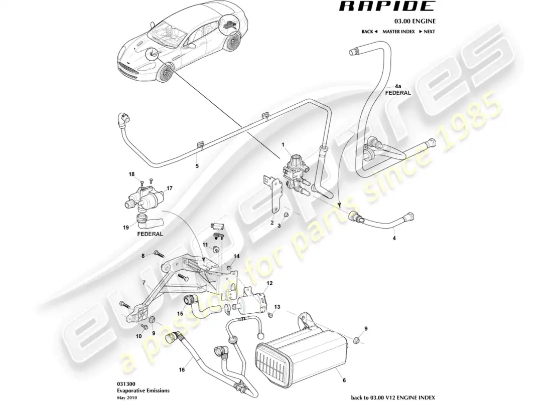 aston martin rapide (2016) emisiones evaporativas diagrama de piezas
