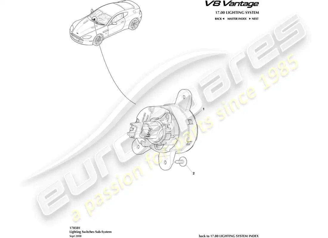 aston martin v8 vantage (2008) diagrama de piezas del interruptor de iluminación
