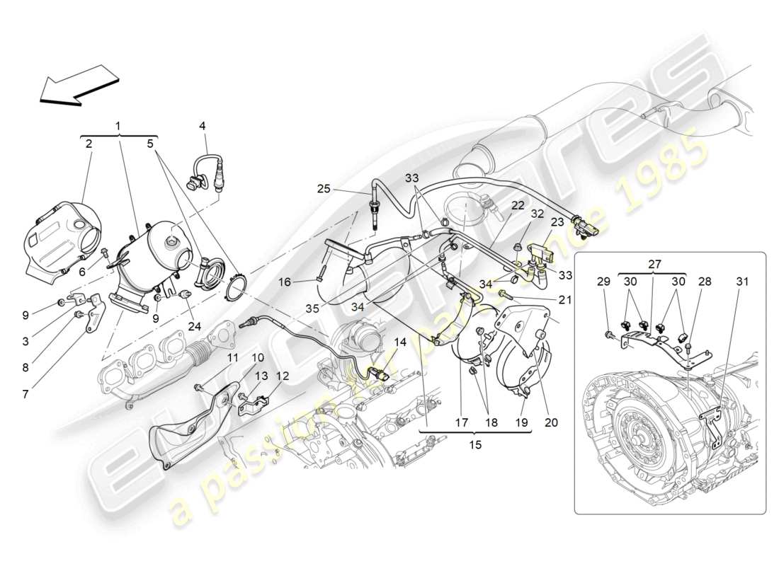 maserati ghibli (2015) convertidores precatalíticos y convertidores catalíticos. diagrama de piezas