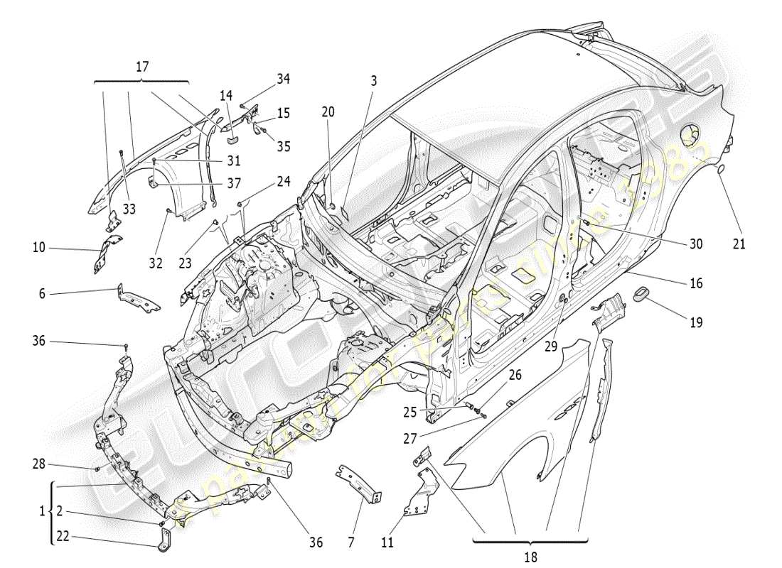 maserati ghibli (2021) diagrama de piezas de la carrocería y los paneles exteriores delanteros