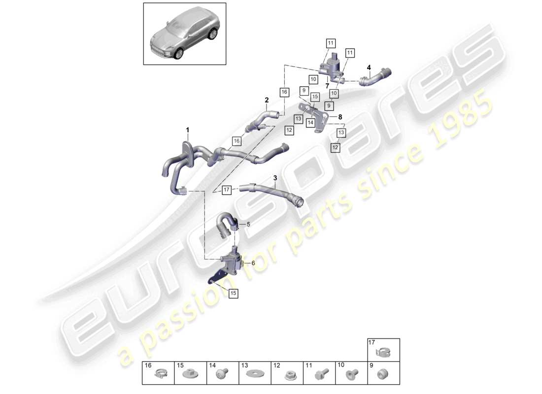 porsche 2021 (macan) diagrama de piezas del calentador v6 2,9l turb caja de agua rhd