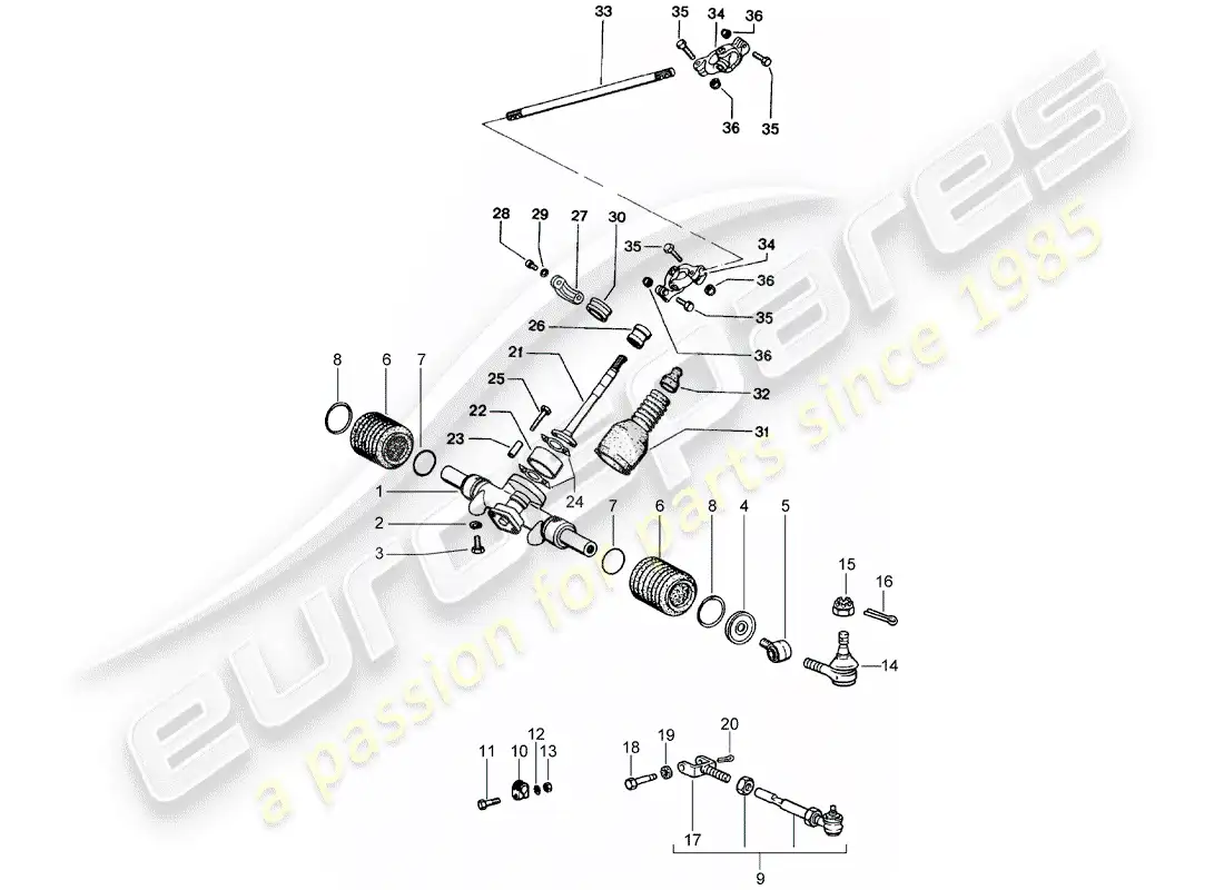 porsche 1974 (914) engranaje de dirección - enlace de dirección diagrama de piezas