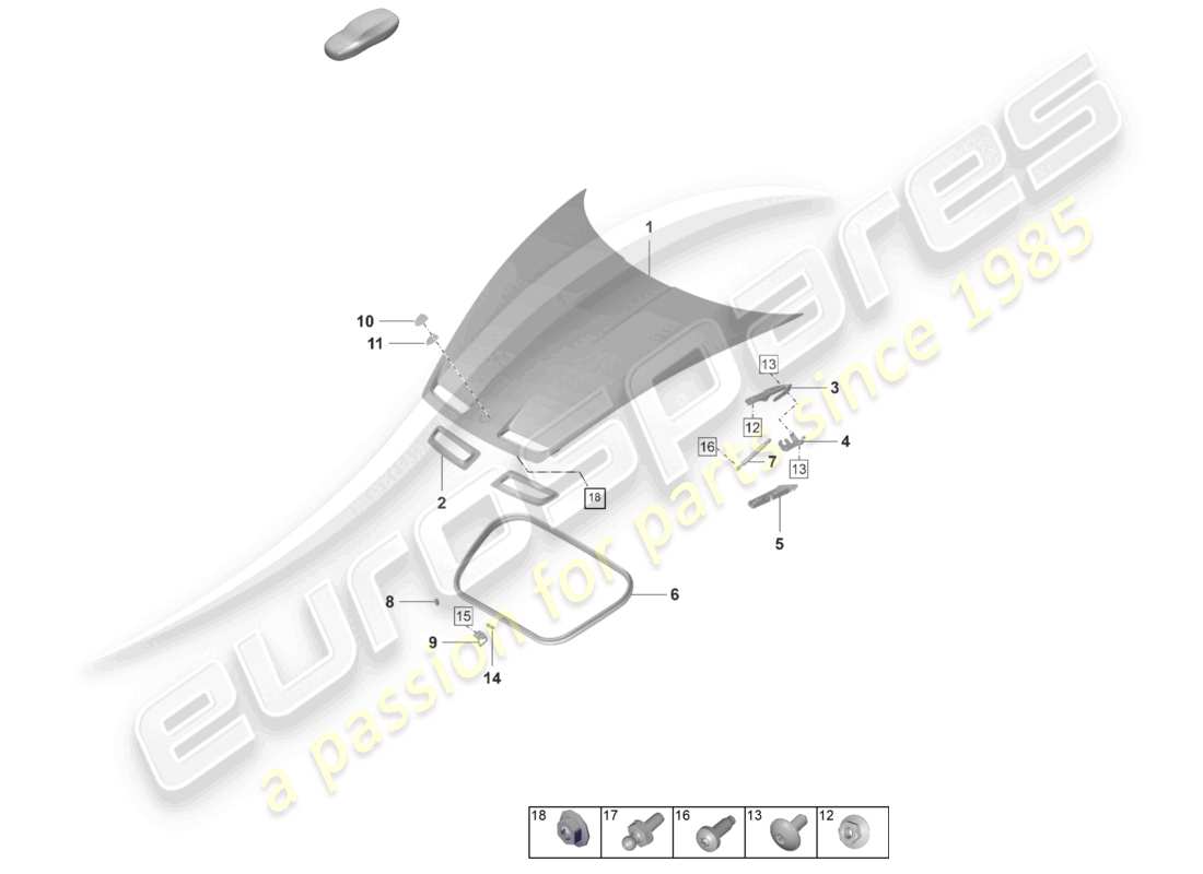 porsche 2021 (992-1 gt3/rs/st) diagrama de piezas del capó