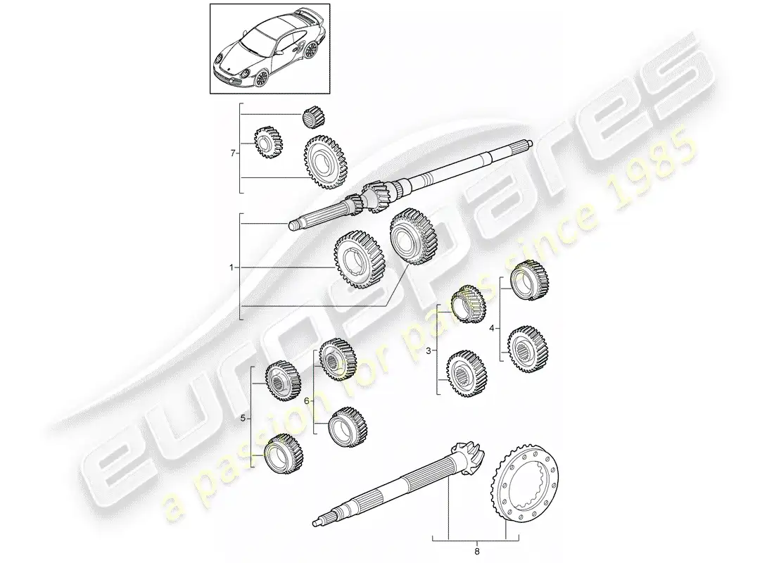porsche 2013 (997-2 turbo / gt2 rs) juegos de ruedas dentadas diagrama de piezas
