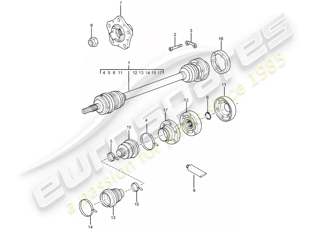 porsche 2005 (996 turbo / gt2) eje de transmisión - cubo de rueda diagrama de piezas