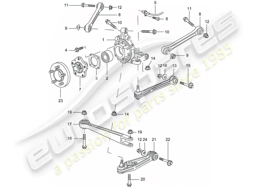 porsche 2005 (996 turbo / gt2) eje trasero - porta rueda - enlace superior - cubo de rueda diagrama de piezas