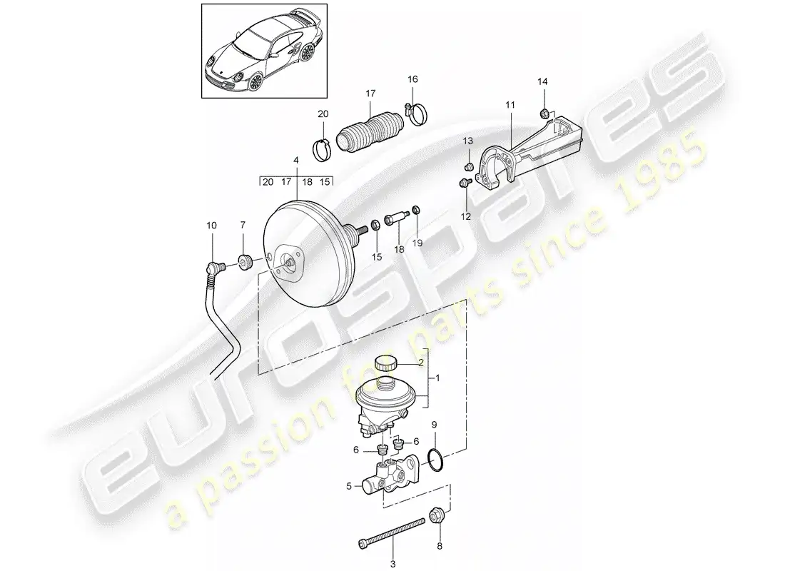 porsche 2011 (997-2 turbo / gt2 rs) diagrama de piezas del cilindro maestro de freno
