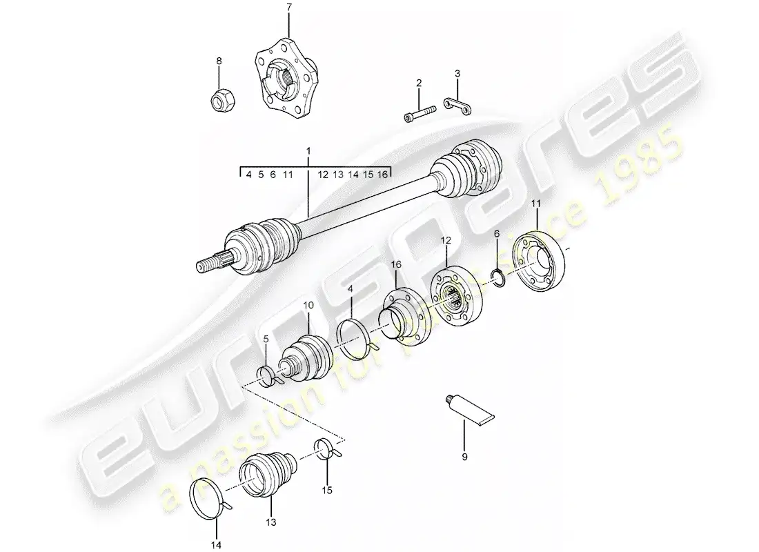 porsche 2005 (996 gt3) eje de transmisión - cubo de rueda diagrama de piezas