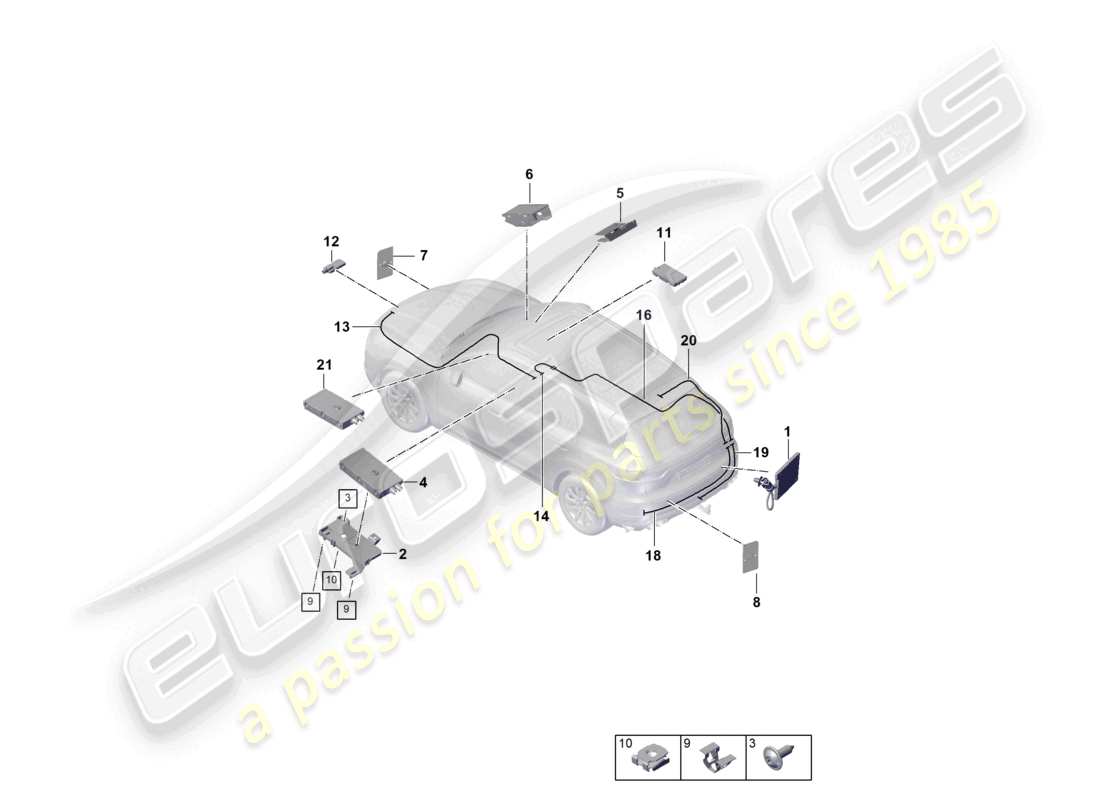 porsche 2022 (cayenne e3 9ya/9yb) diagrama de partes de la antena telefónica del sistema multimedia aéreo