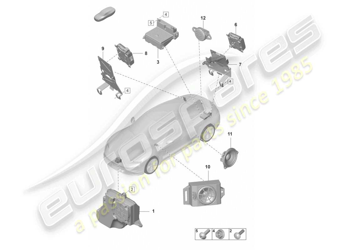 porsche 2021 (taycan 9j1-1) sistema de sonido del motor altavoz ayuda al estacionamiento avisador acústico para vehículos con activación eléctrica del portón trasero diagrama de piezas