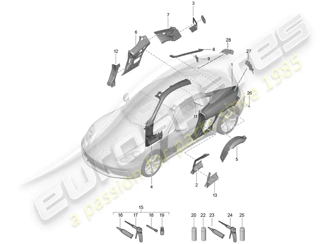 porsche 2020 (718 cayman) panel lateral diagrama de piezas