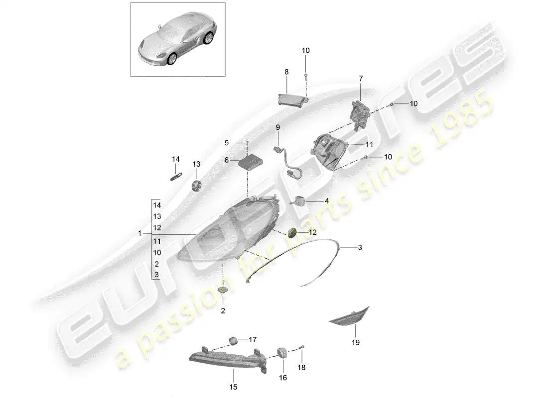 porsche 2017 (718 cayman) lámpara de cabeza diagrama de piezas