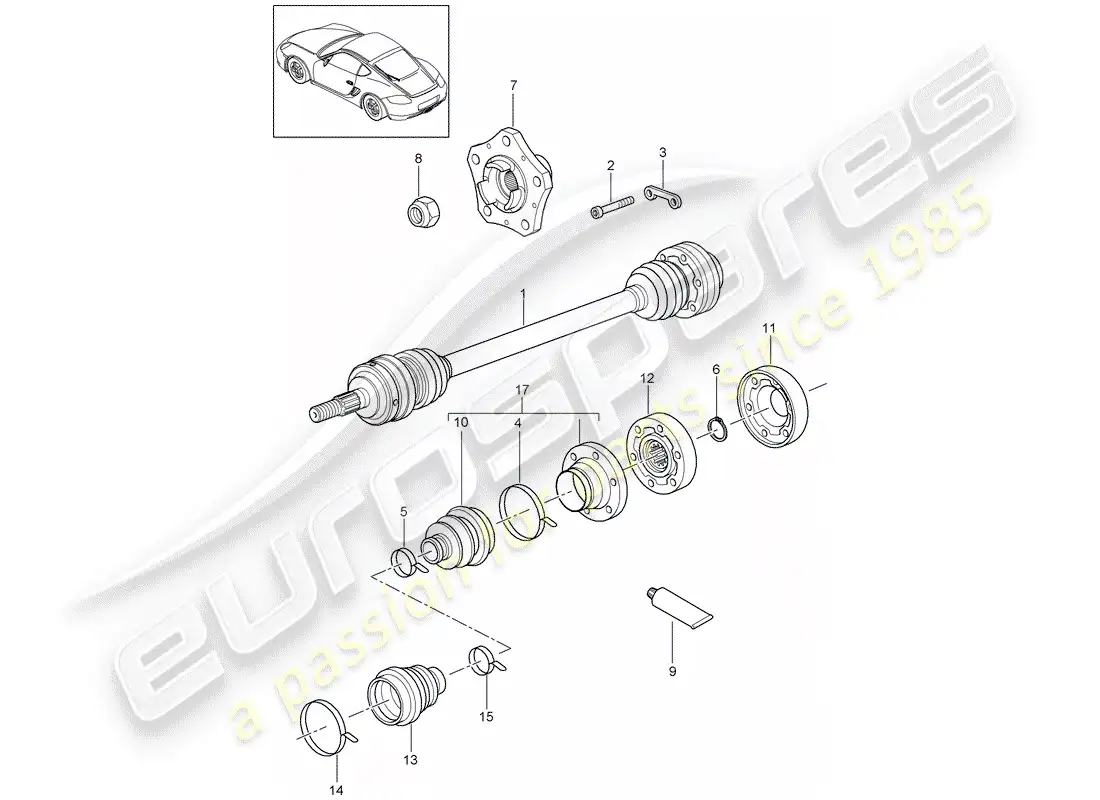porsche 2010 (987 cayman) eje de accionamiento diagrama de piezas