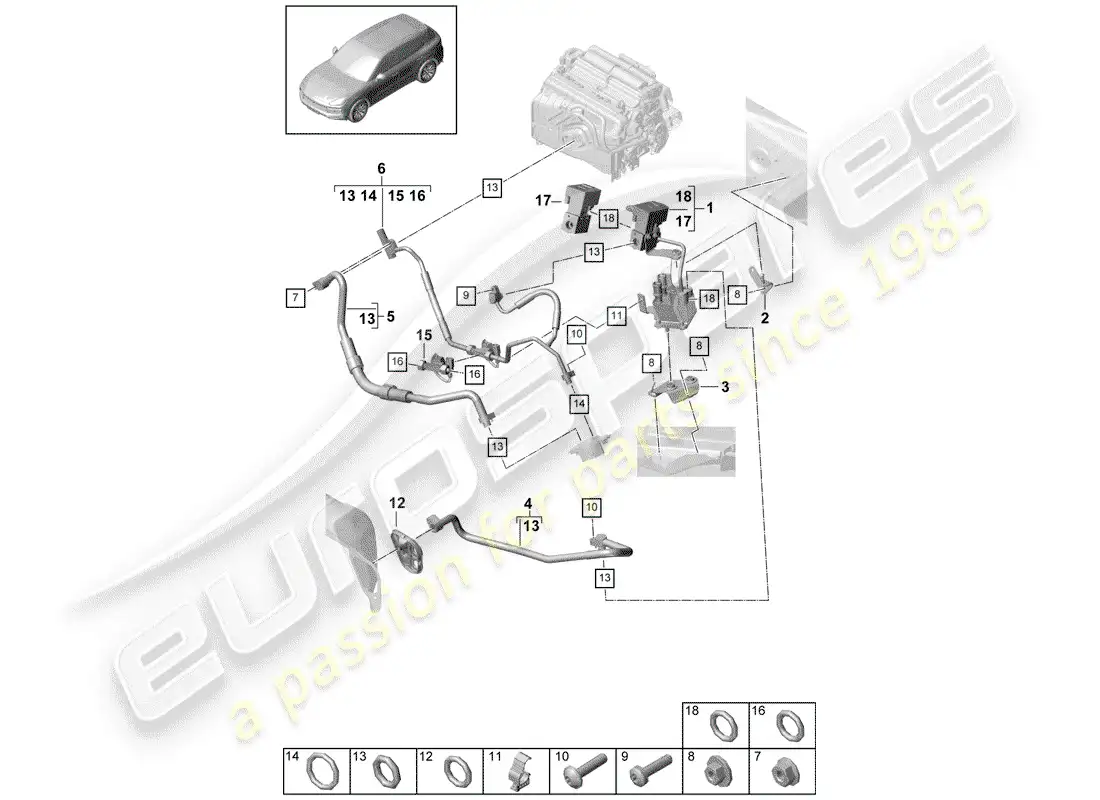 porsche 2020 (cayenne e3 9ya/9yb) circuito refrigerante diagrama de piezas