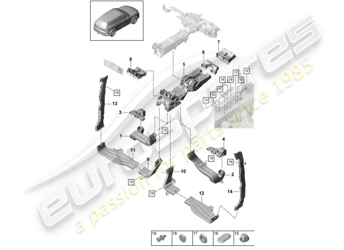porsche 2022 (cayenne e3 9ya/9yb) guía de aire aire acondicionado 4-zonen habitáculo 4-zone climatronic, boost diagrama de piezas