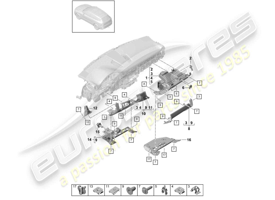 porsche 2022 (cayenne e3 9ya/9yb) diagrama de piezas de accesorios de la moldura inferior del panel de instrumentos