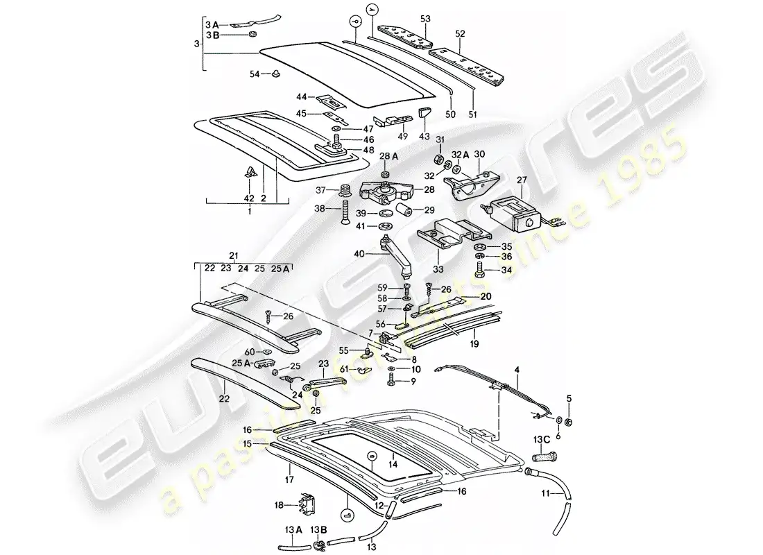 porsche 1988 (911) techo corredizo diagrama de piezas