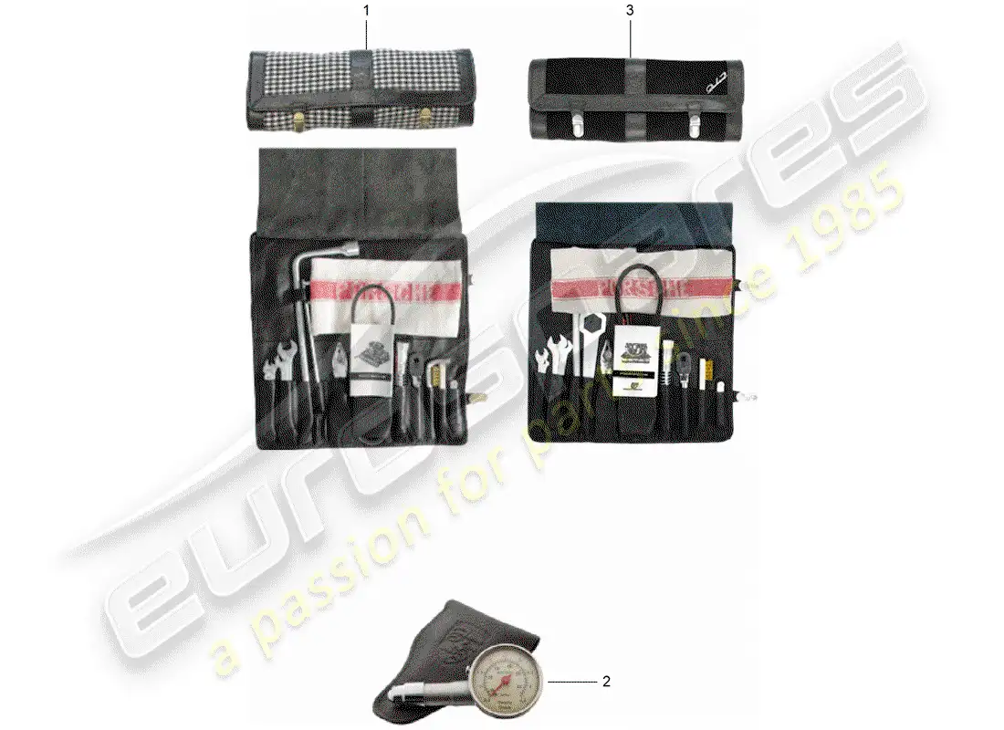 porsche 1968 (911/912) herramienta - gato - caja con bombillas - botiquín diagrama de piezas