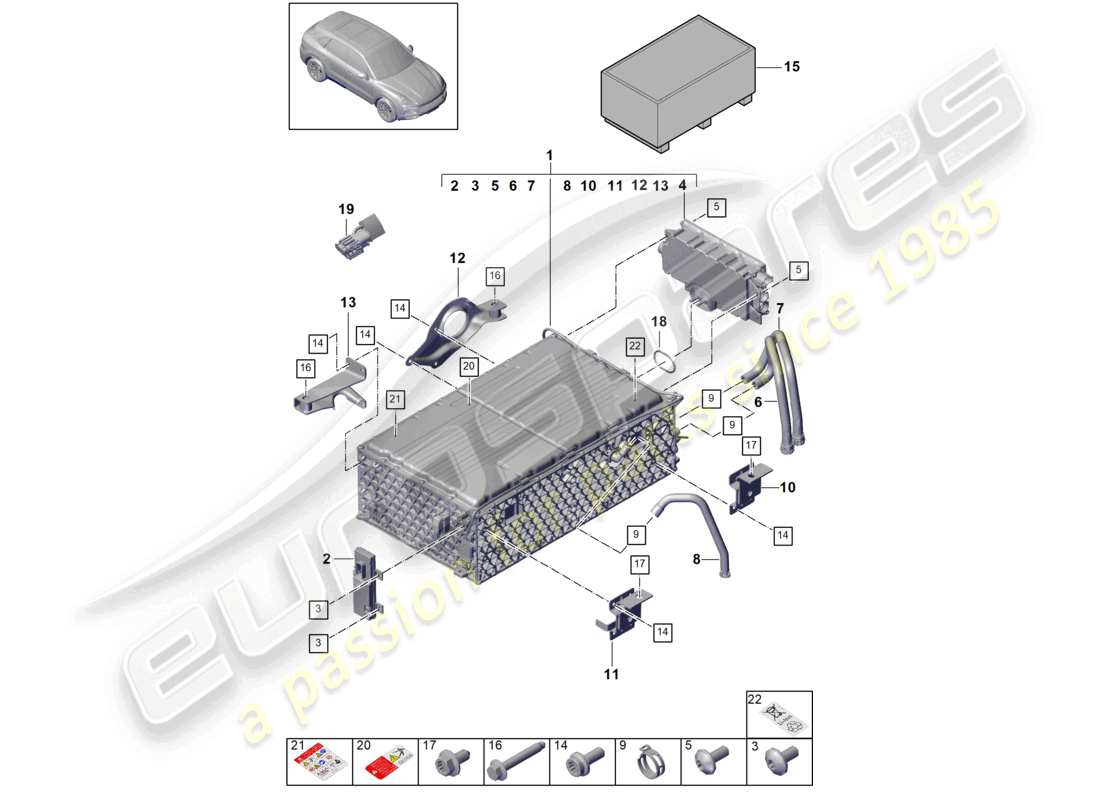 porsche 2022 (cayenne e3 9ya/9yb) diagrama de piezas de la batería híbrida