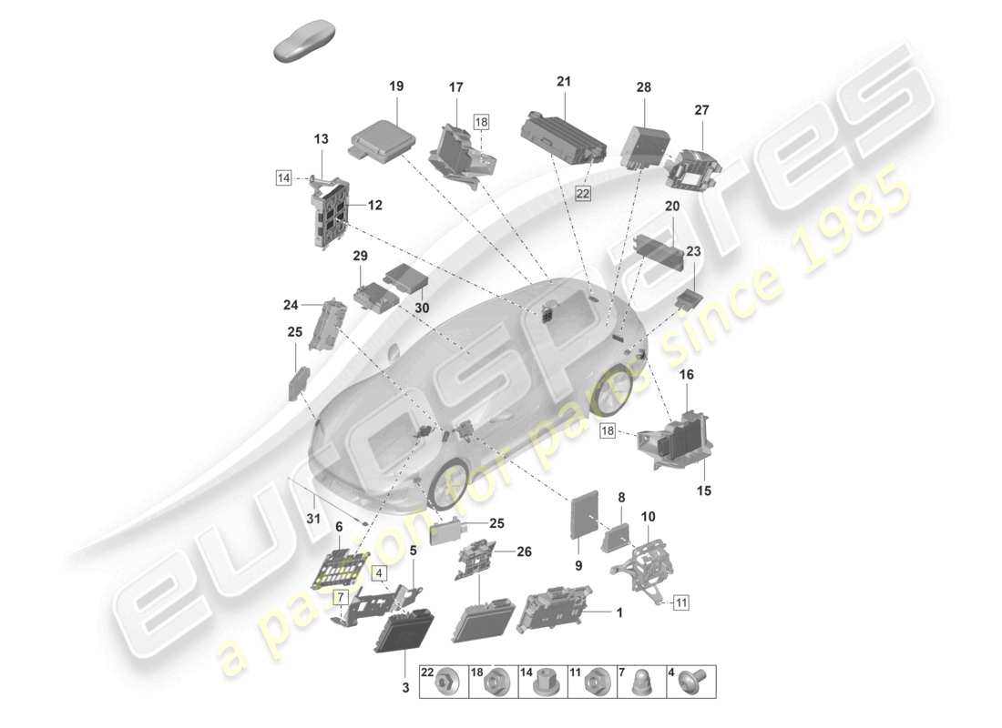 porsche 2021 (taycan 9j1-1) unidades de control unidad de control para sistemas de asistencia al conductor unidad de control para gestión térmica unidad de control (bcm) para sistema de conversión y fuente de alimentación ob unidad de control para asistencia de cambio de carril unidad de control para apertura de puerta de garaje unidad de control enganche de remolque techo de cristal diagrama de piezas
