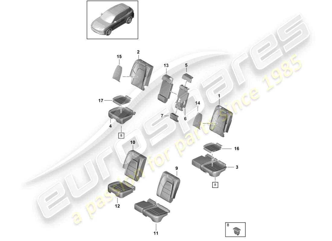 porsche 2022 (cayenne e3 9ya/9yb) asiento trasero asiento estándar pieza de espuma fundas de respaldo fundas de asiento diagrama de piezas