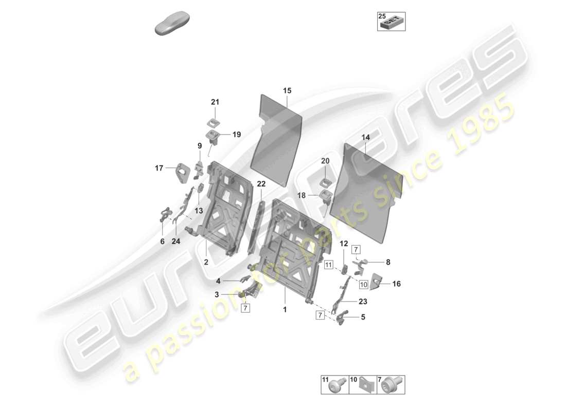 porsche 2021 (taycan 9j1-1) diagrama de piezas del asiento estándar del marco del respaldo
