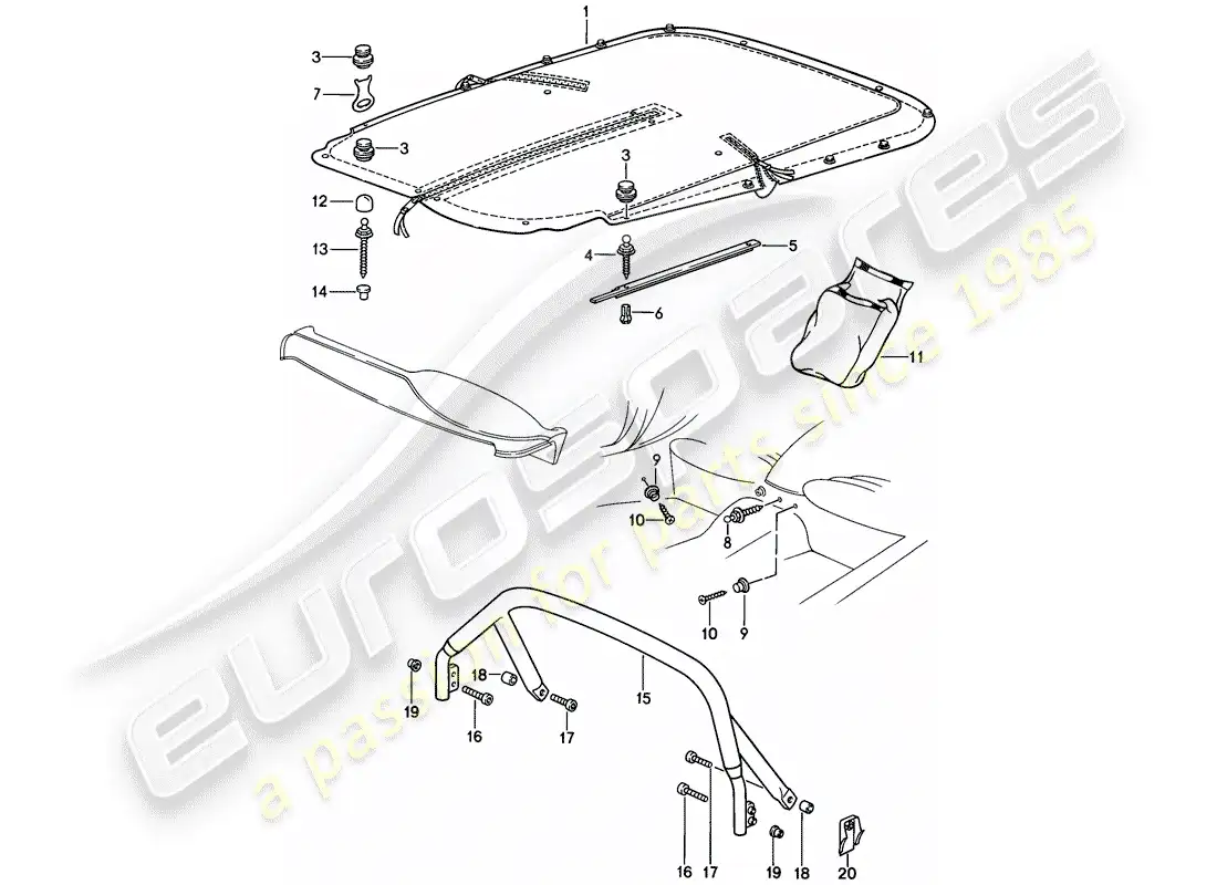 porsche 1987 (911) cubierta tonneau - clip de cubierta diagrama de piezas