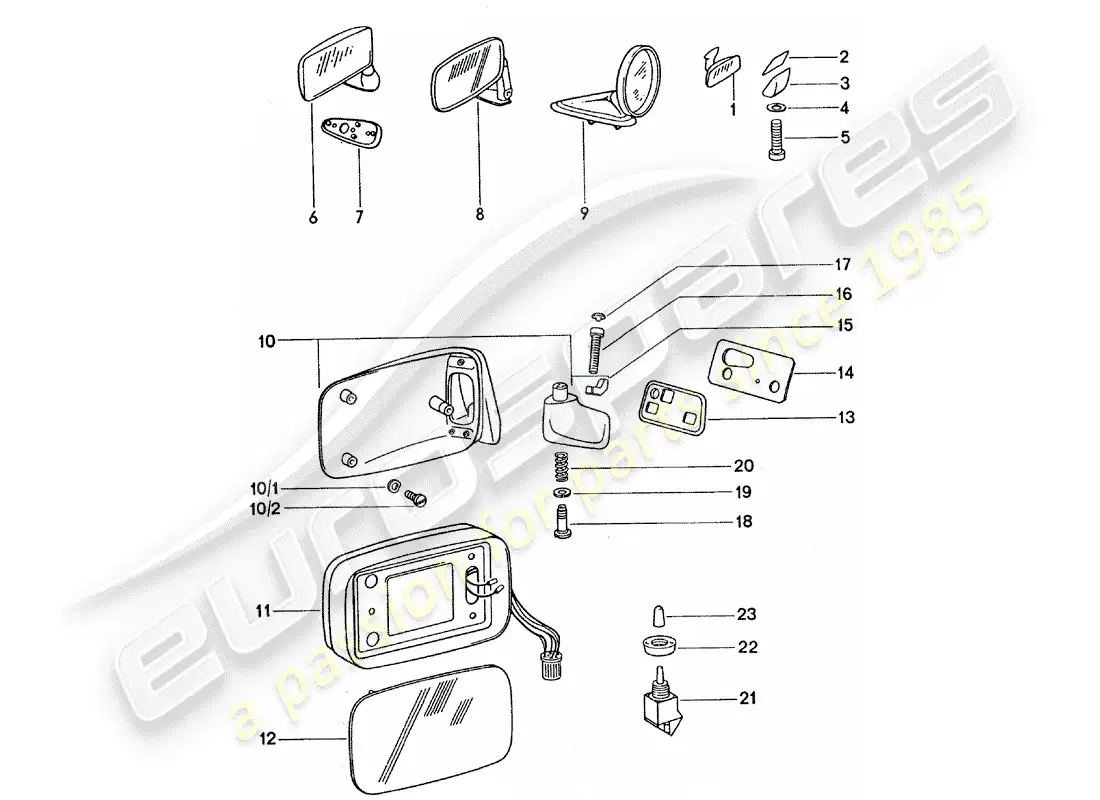 porsche 1977 (911 turbo) espejo retrovisor interior - espejo retrovisor diagrama de piezas