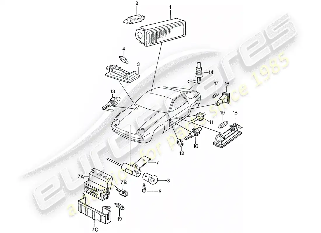 porsche 1989 (928) luces interiores diagrama de piezas