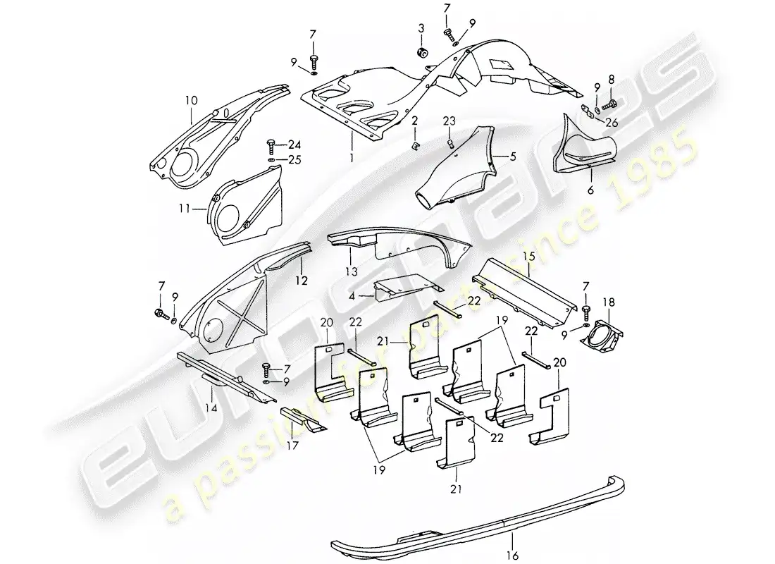 porsche 1969 (911/912) conducto de aire y cubierta del motor diagrama de piezas