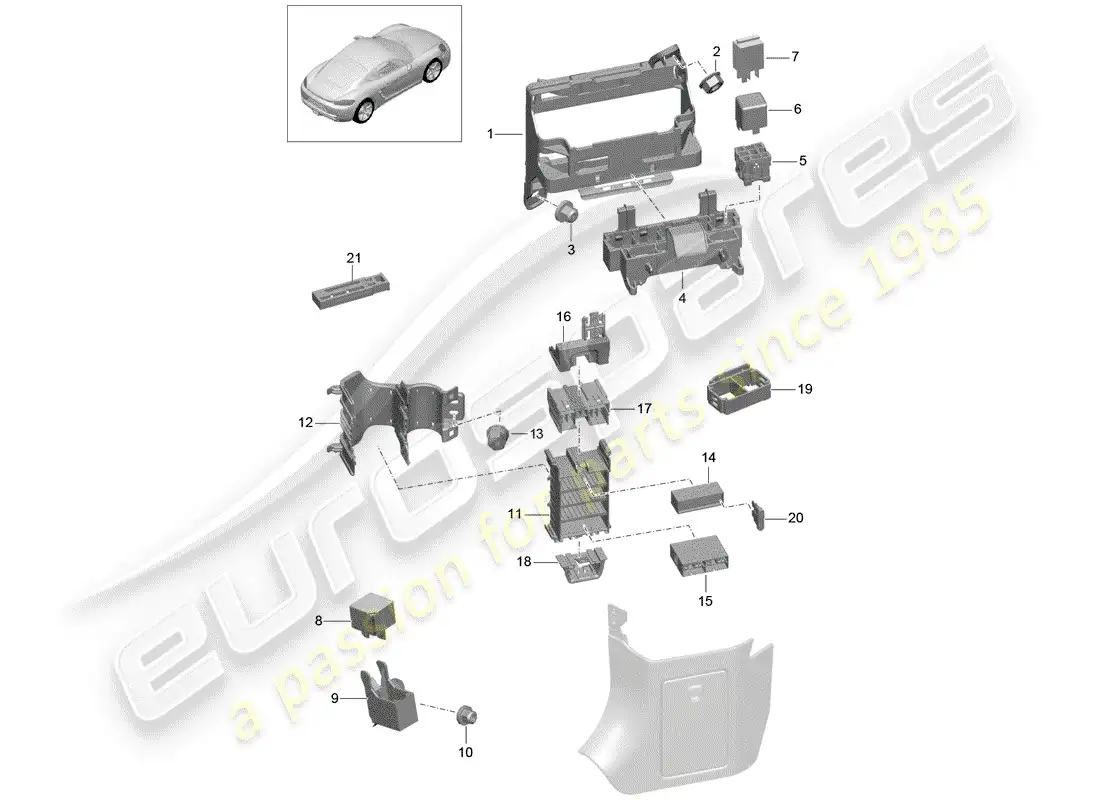 porsche 2020 (718 cayman) caja de fusibles/placa de relés diagrama de piezas