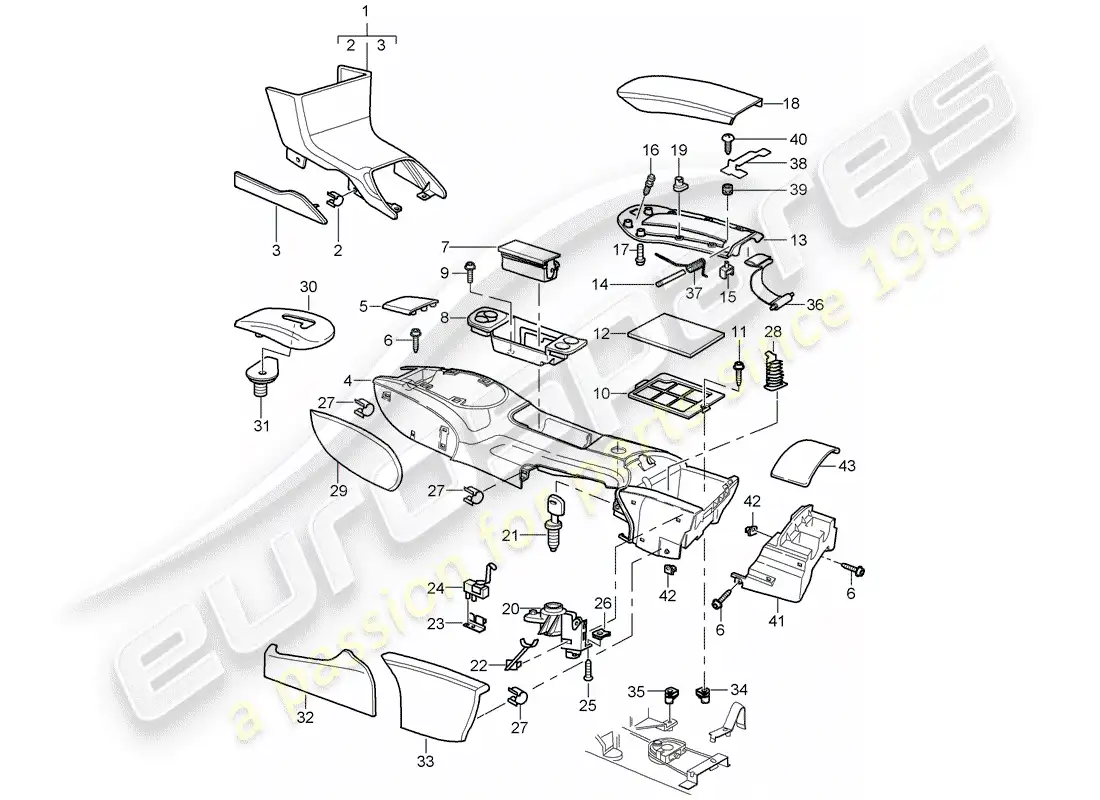 porsche 2004 (996 gt3) center console diagrama de piezas