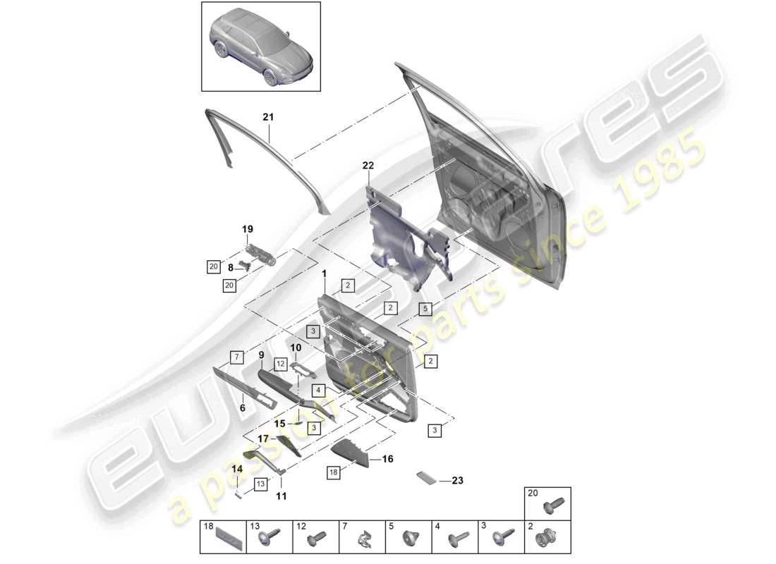 porsche 2024 (cayenne e3 9ya/9yb) diagrama de piezas del panel de la puerta frontal de cuero sintético