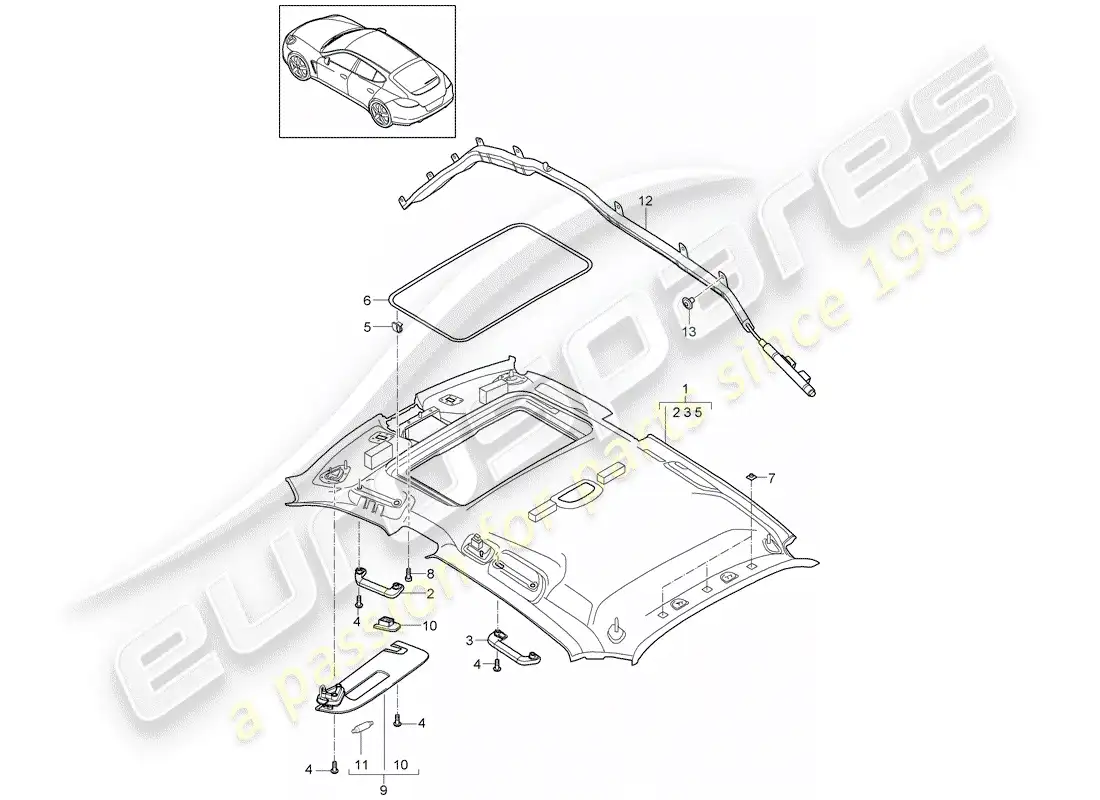 porsche 2012 (panamera 970) diagrama de piezas del panel de acabado del techo