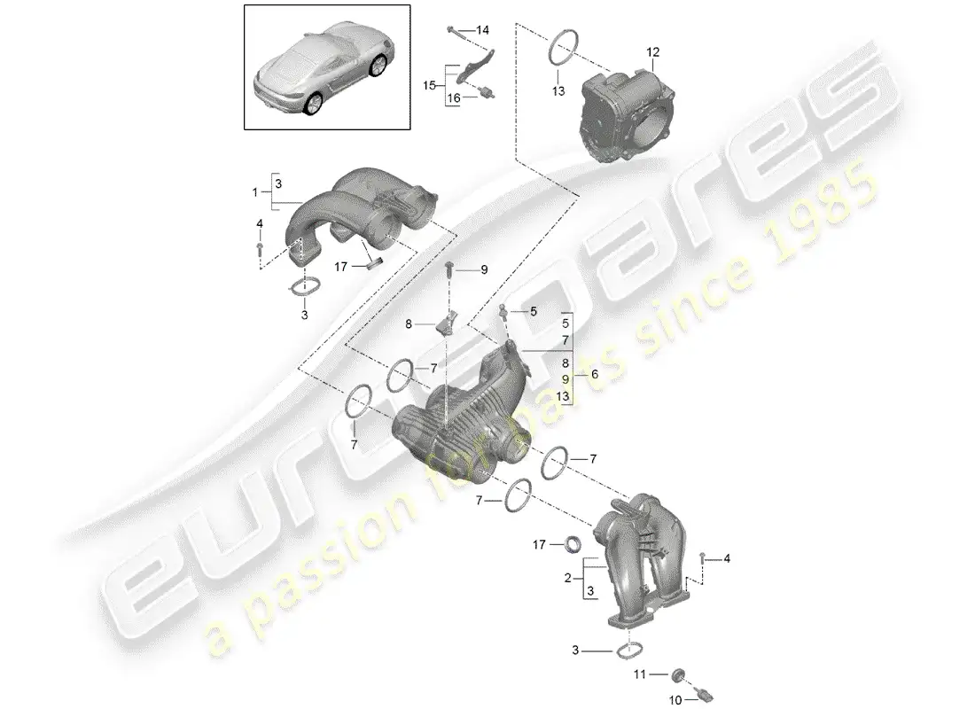 porsche 2020 (718 cayman) distribuidor de aire de admisión diagrama de piezas
