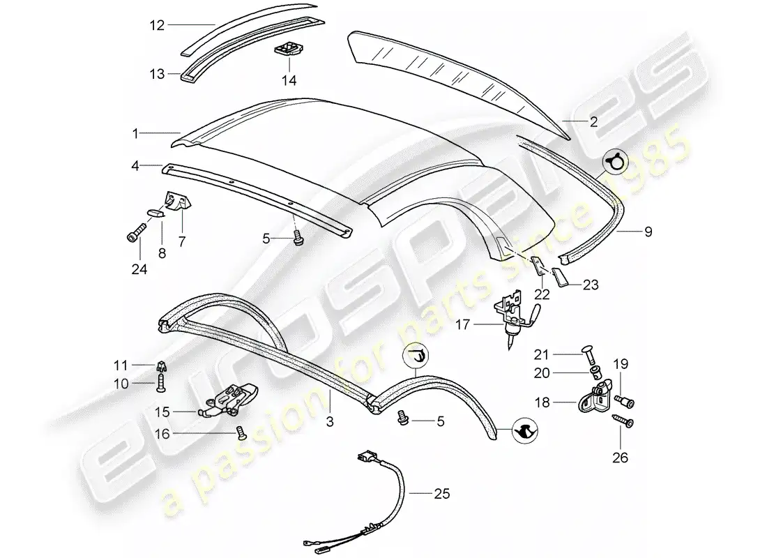 porsche 1999 (986 boxster) techo rígido - accesorios - juntas diagrama de piezas
