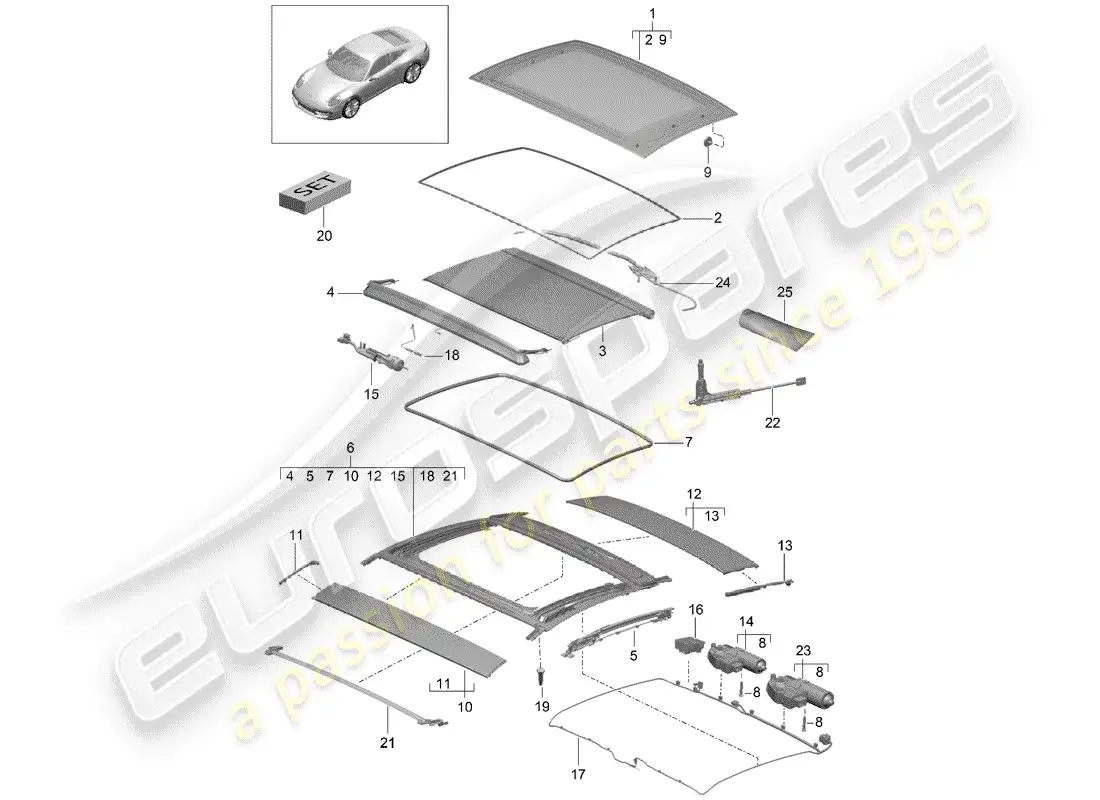 porsche 2015 (991-1) techo de cristal diagrama de piezas
