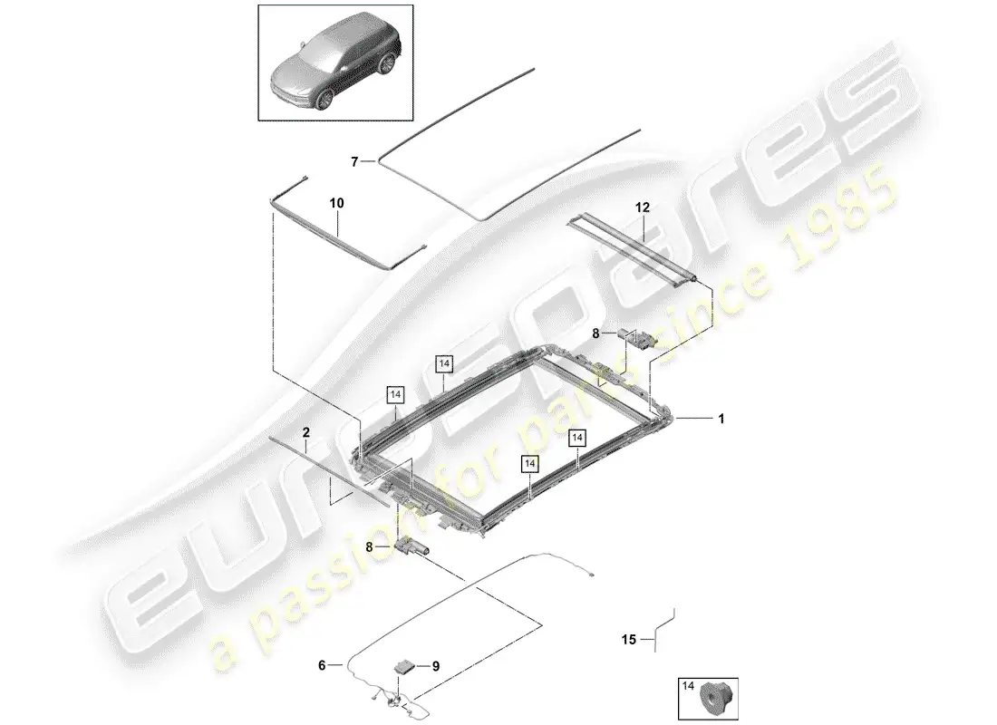 porsche 2020 (cayenne e3 9ya/9yb) techo de cristal diagrama de piezas