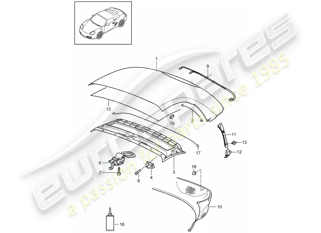 porsche 2012 (987 boxster) cubierta de capota convertible diagrama de piezas