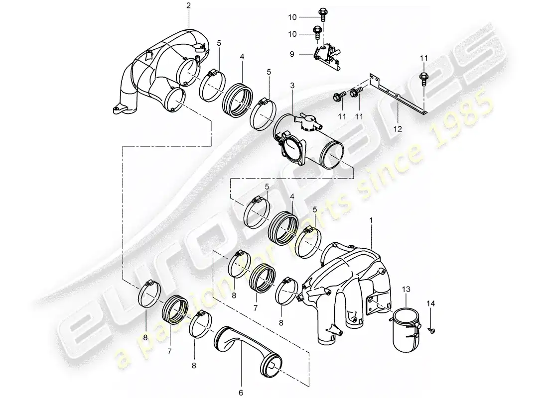 porsche 2002 (996 turbo / gt2) distribuidor de aire de admisión diagrama de piezas