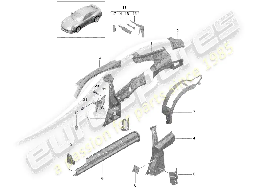 porsche 2015 (991-1 turbo) panel lateral diagrama de piezas