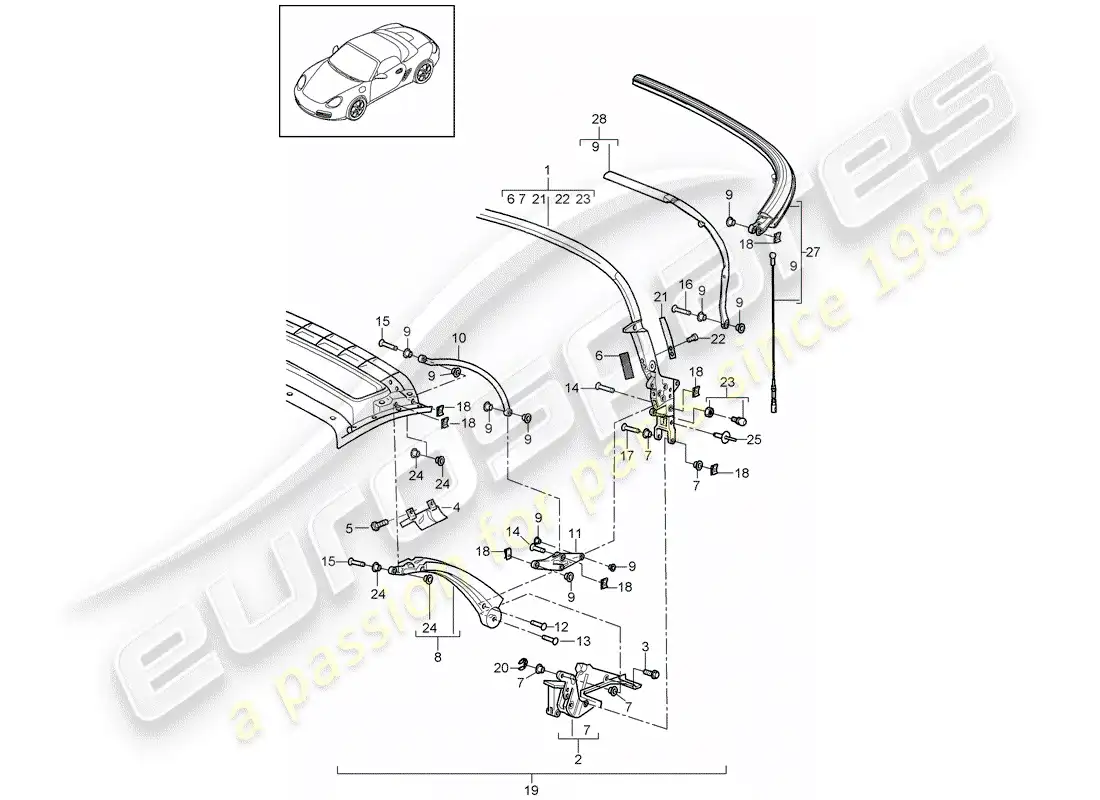 porsche 2005 (987 boxster) marco superior diagrama de piezas