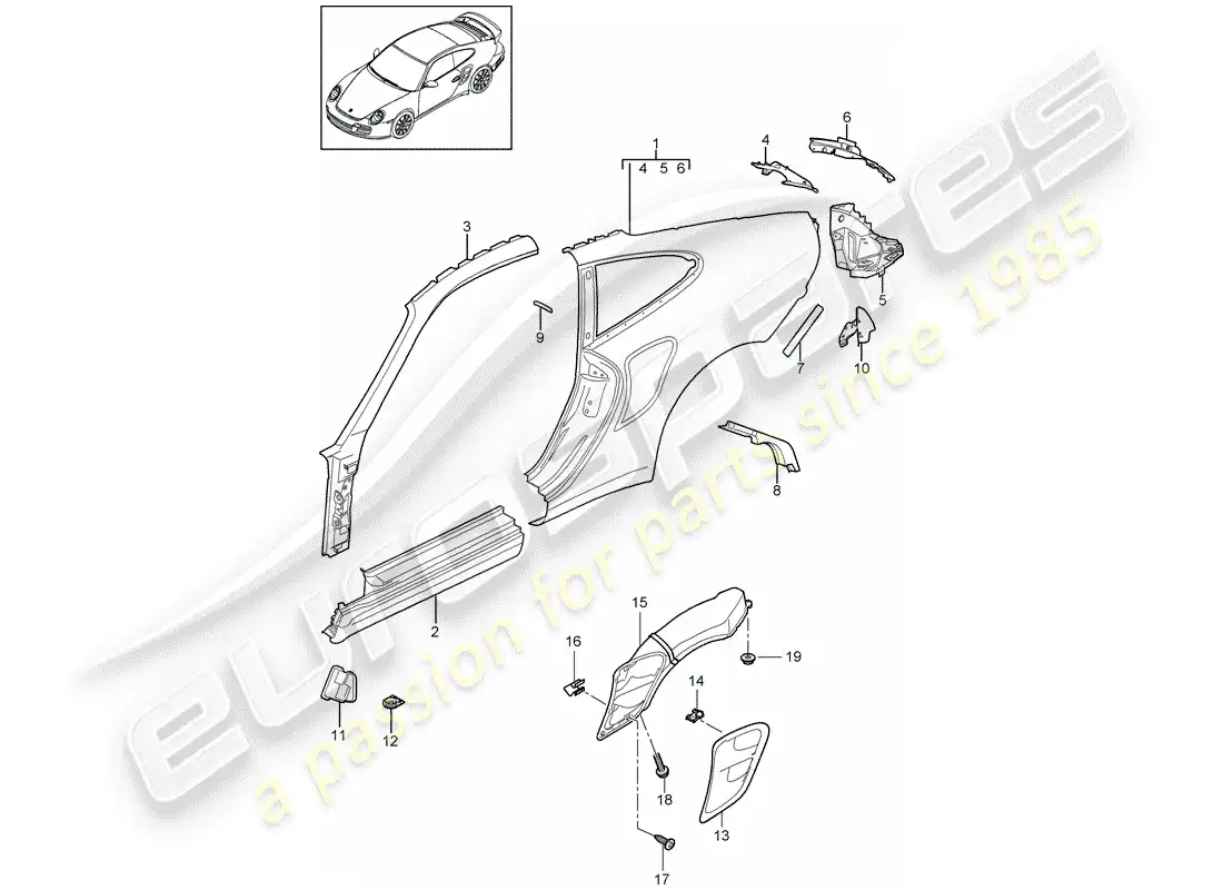 porsche 2011 (997-2 turbo / gt2 rs) diagrama de piezas del panel lateral