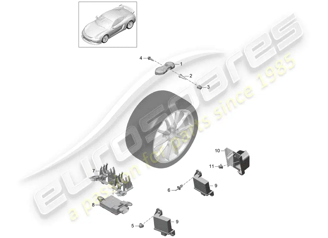 porsche 2016 (981 cayman gt4) sistema de control de presión de neumáticos diagrama de piezas