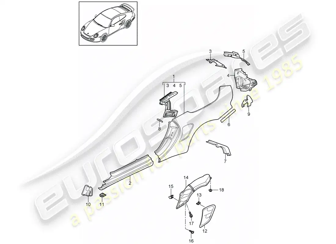 porsche 2011 (997-2 turbo / gt2 rs) diagrama de piezas del panel lateral