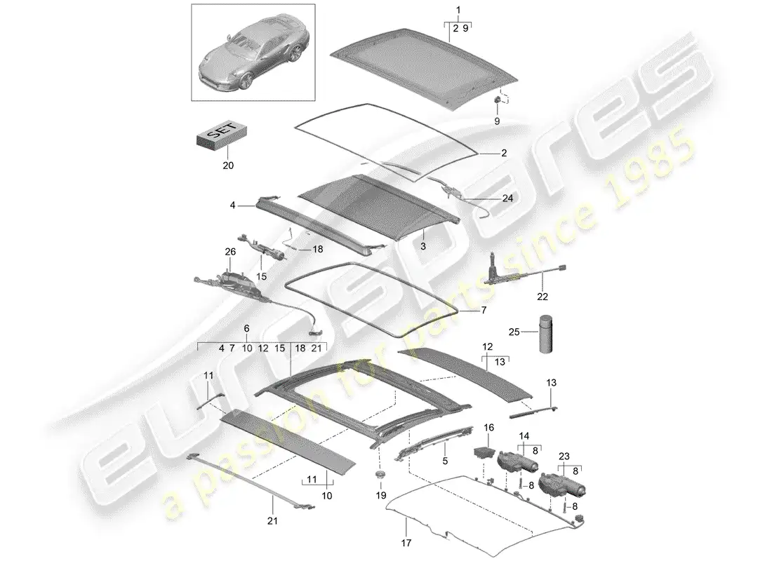porsche 2016 (991-1 turbo) techo de cristal diagrama de piezas