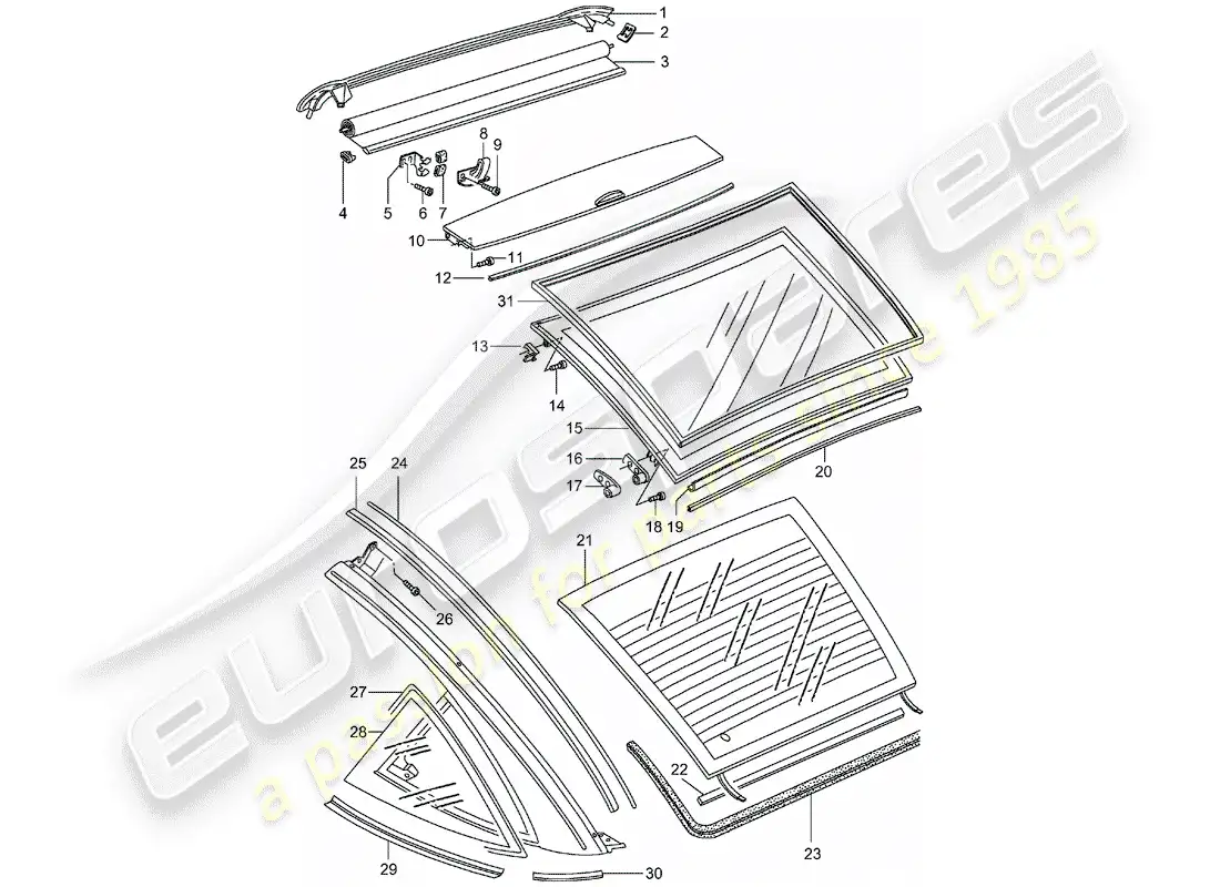 porsche 1996 (993) techo de cristal diagrama de piezas